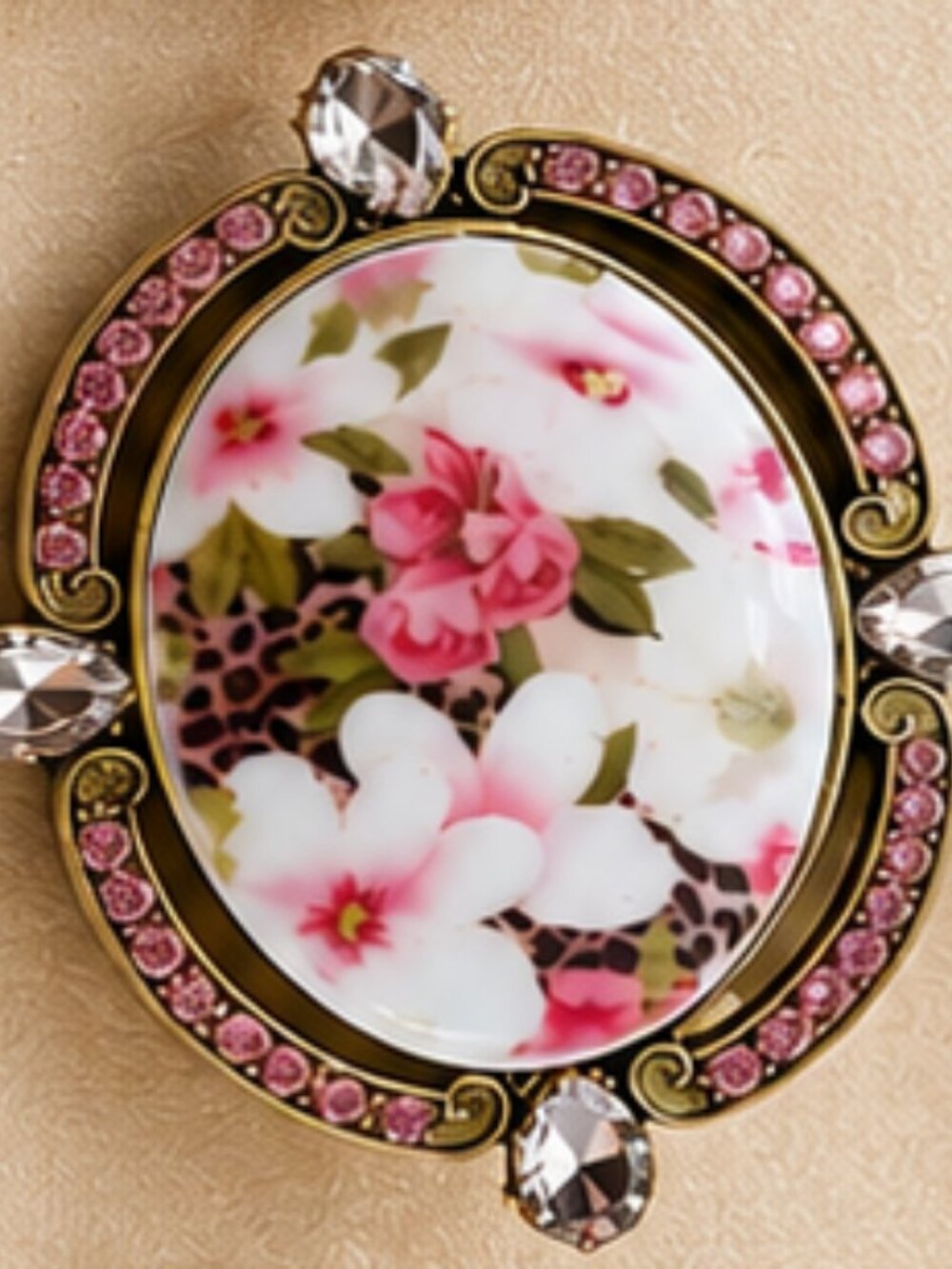 Vintage-Inspired Pink Rose Cameo Brooch Rhinestone Floral Pin
